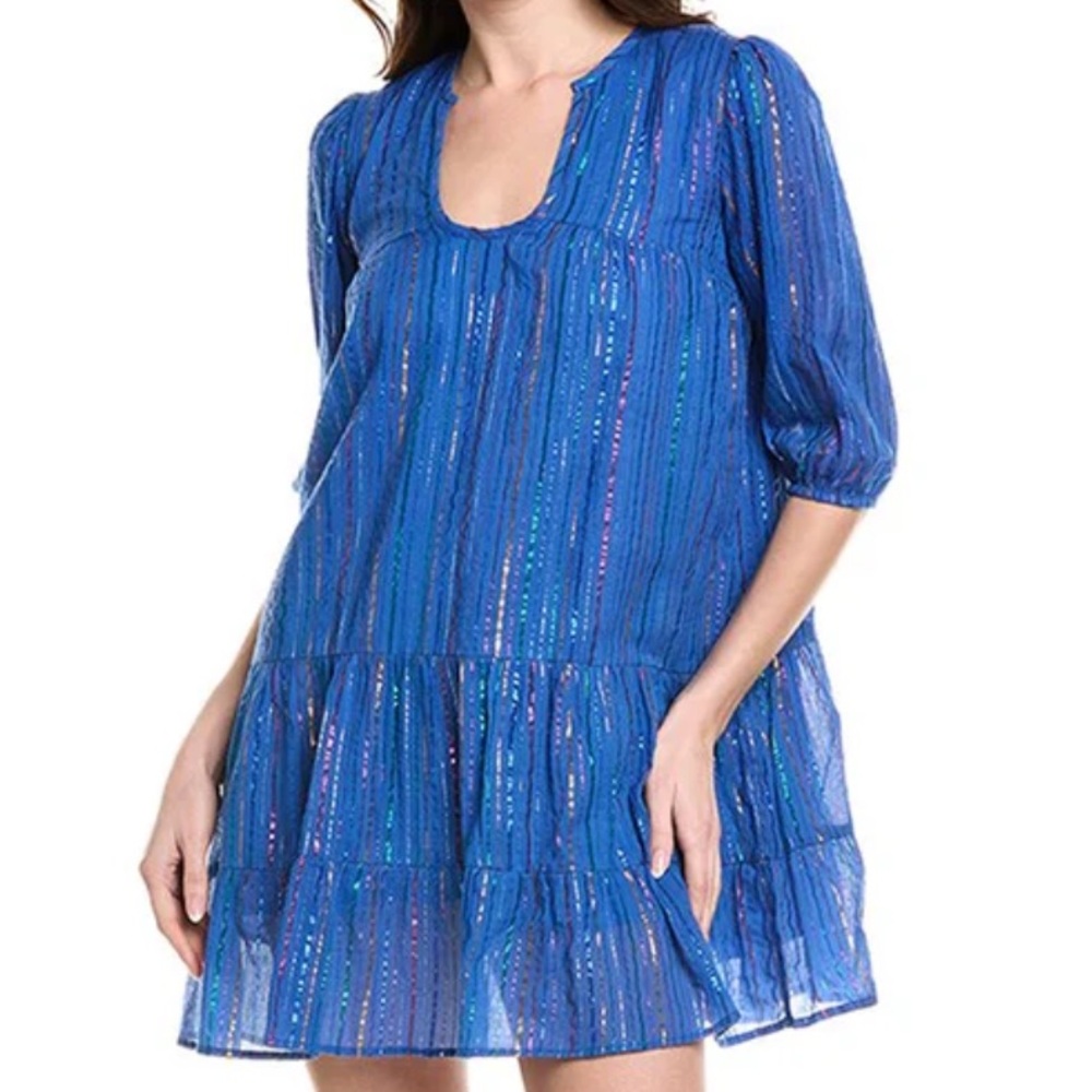 MER ST. BARTH TIERED blue metallic stripe multicolor MINI DRESS 100% cotton sz L
